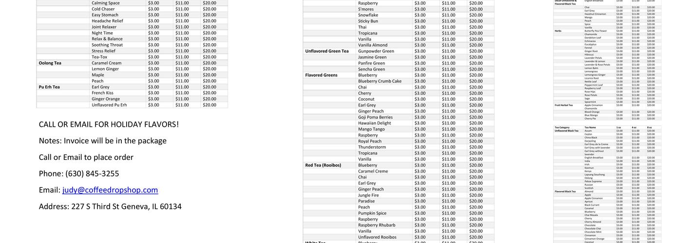 Coffee Drop Shop Menu