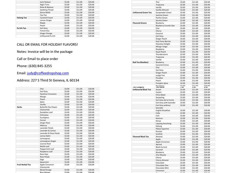 Coffee Drop Shop Menu
