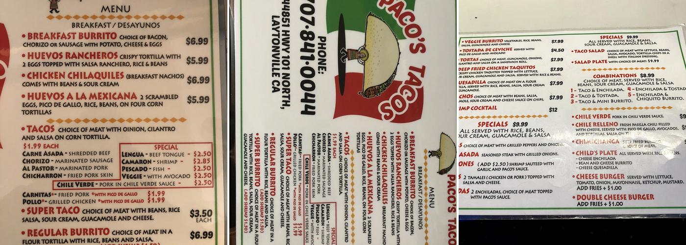 Paco's tacos Menu