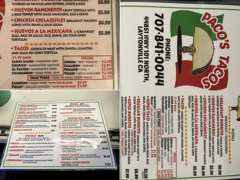 Paco's tacos Menu