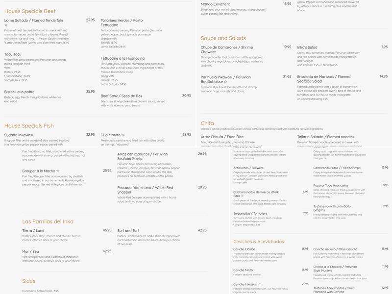 Inkawasi Restaurant Menu