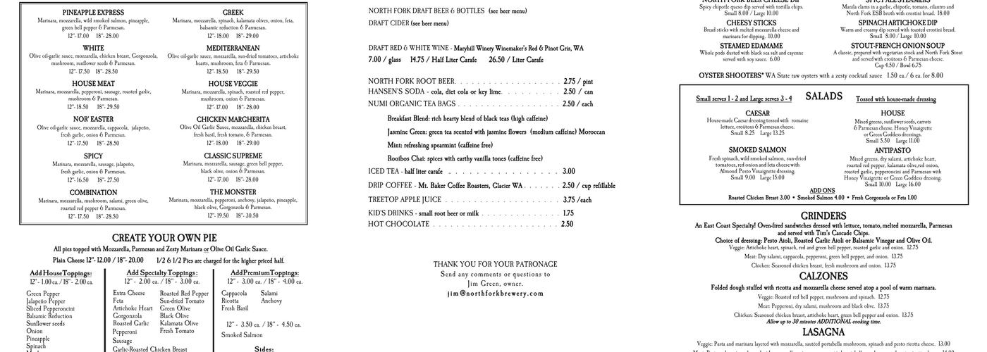 North Fork Brewery Menu