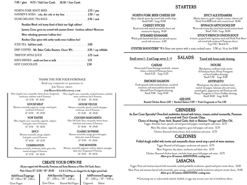 North Fork Brewery Menu