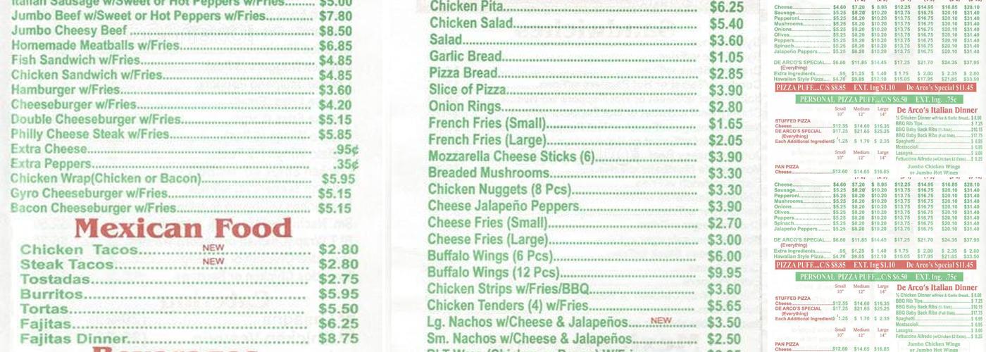 D' Arcos Pizza Menu