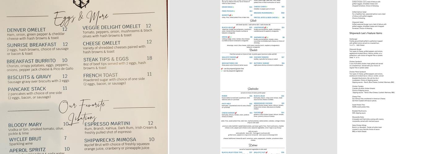 Shipwrecks Bar & Grill Menu