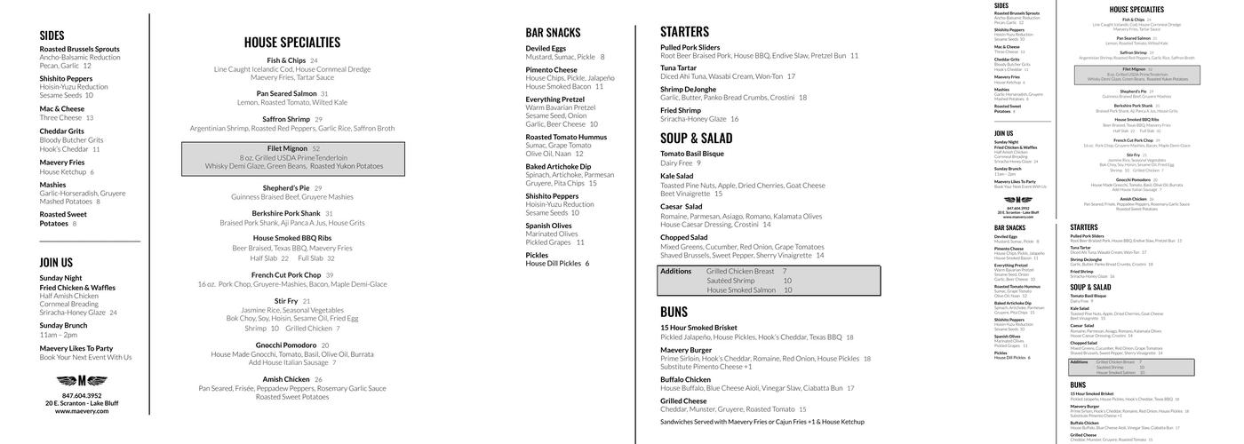 Maevery Public House Menu