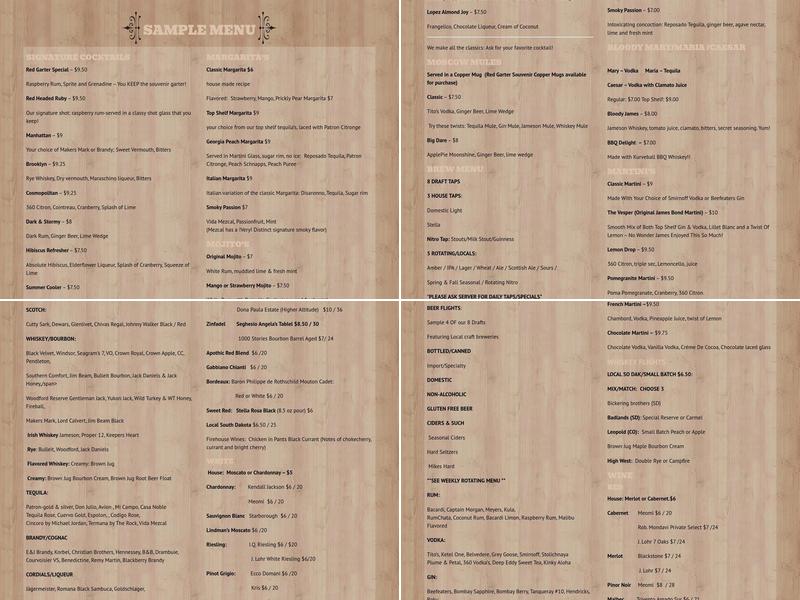 Red Garter Saloon Menu