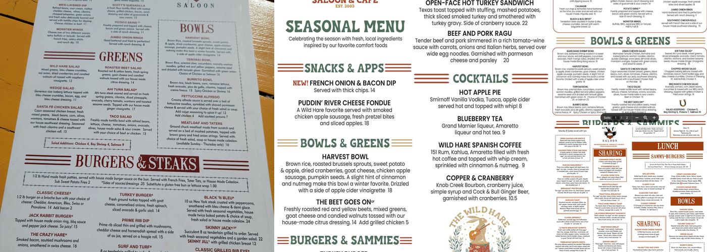 Wild Hare Saloon Canby Menu