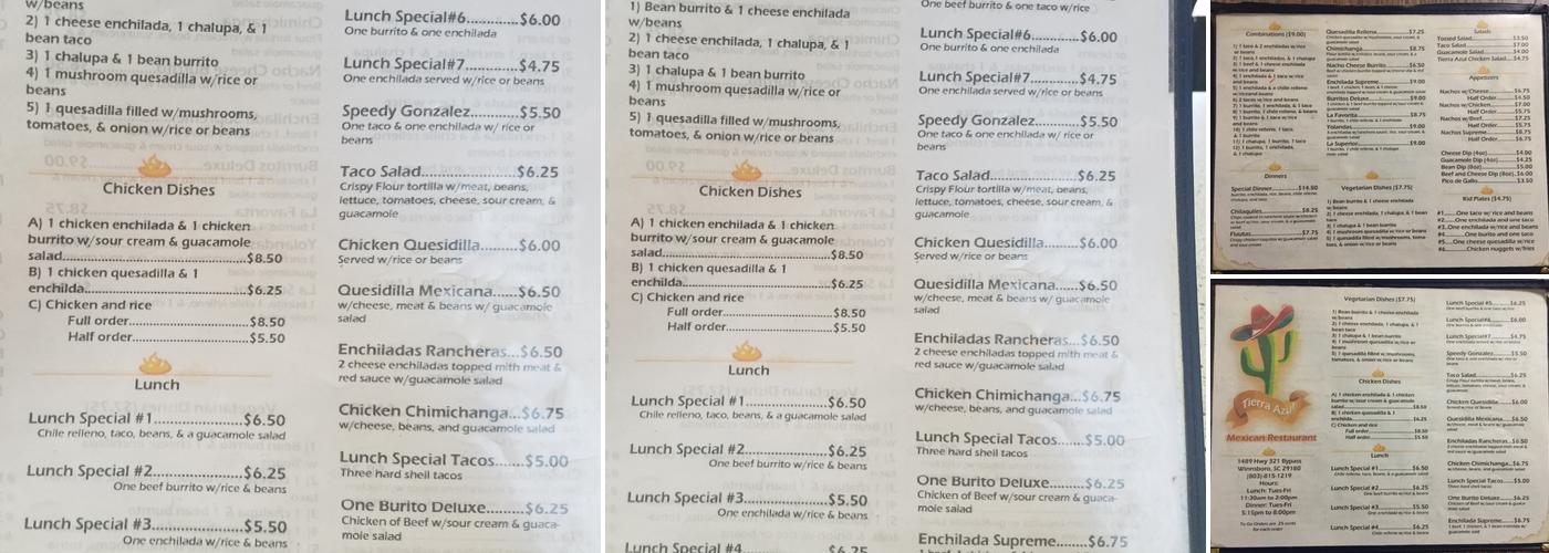 Tierra Azul Menu