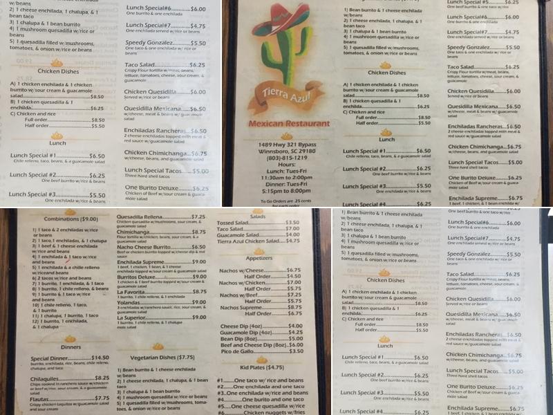Tierra Azul Menu