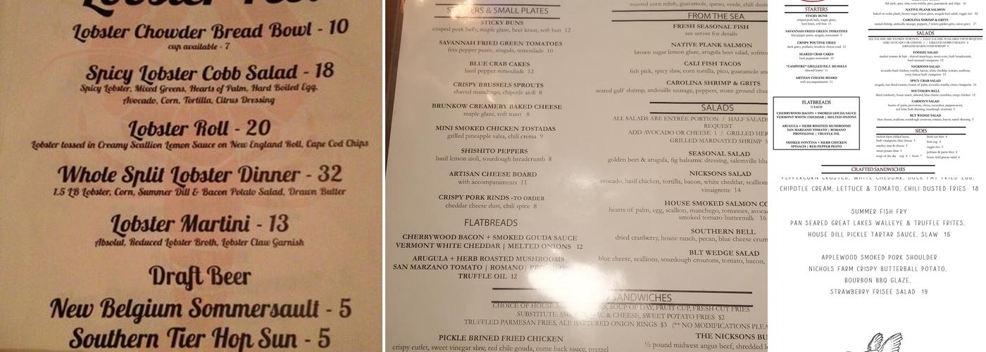 Nicksons Eatery Menu