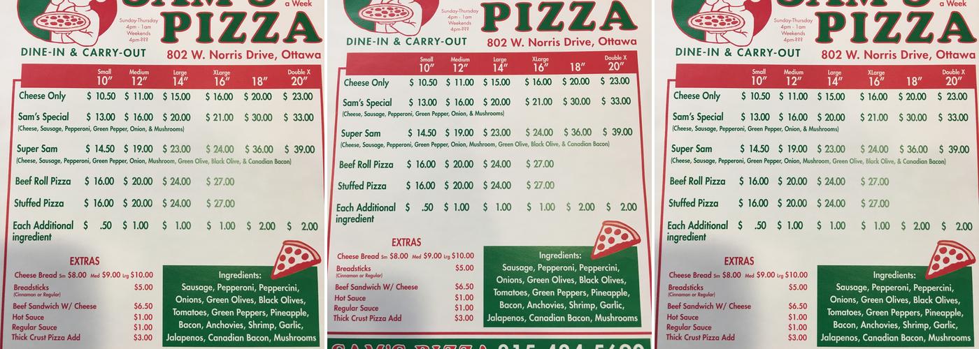 Sam's Pizza Menu