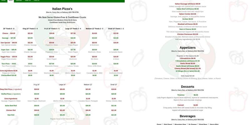 Sam's Pizza Menu