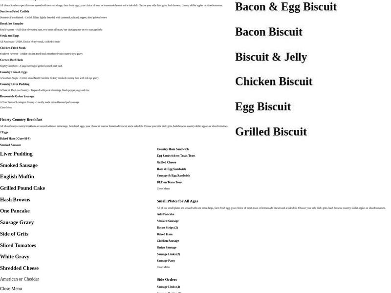 Lizard's Thicket Restaurant Menu