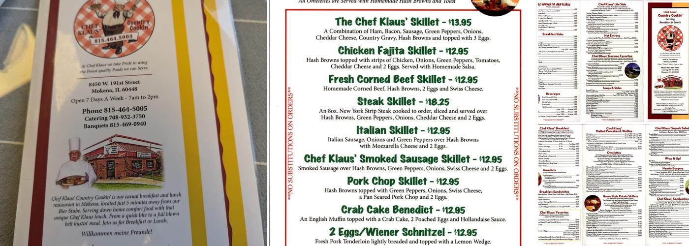 Chef Klaus Country Cookin' Menu