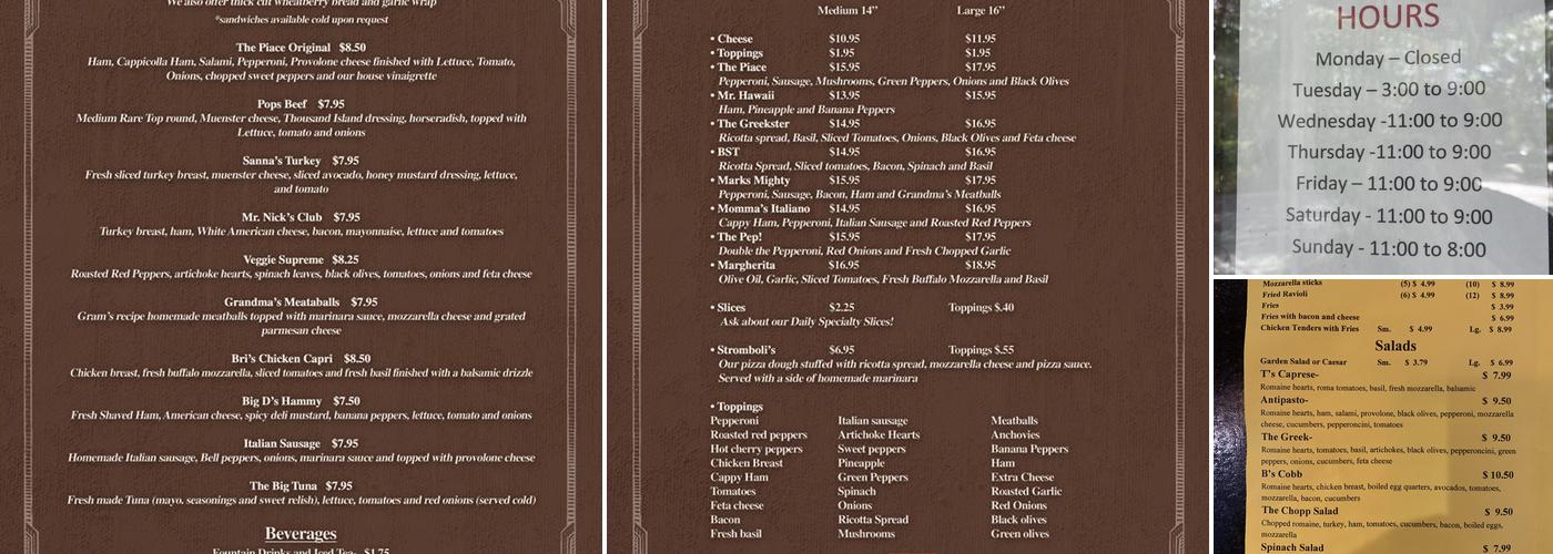 Piace Pizza Menu