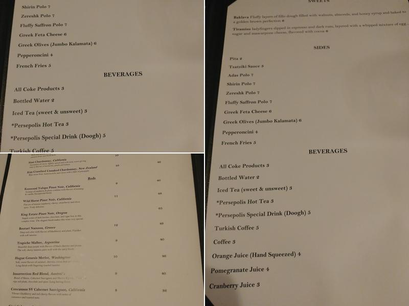 Persepolis Lounge and Grill Menu