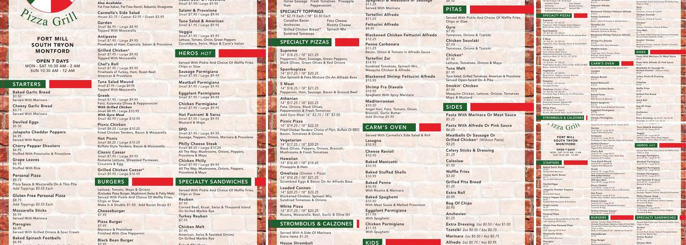 Carmella's Pizza and Grill Menu