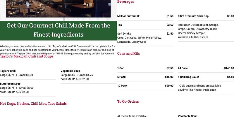 Taylor's Mexican Chili Company Inc. Menu