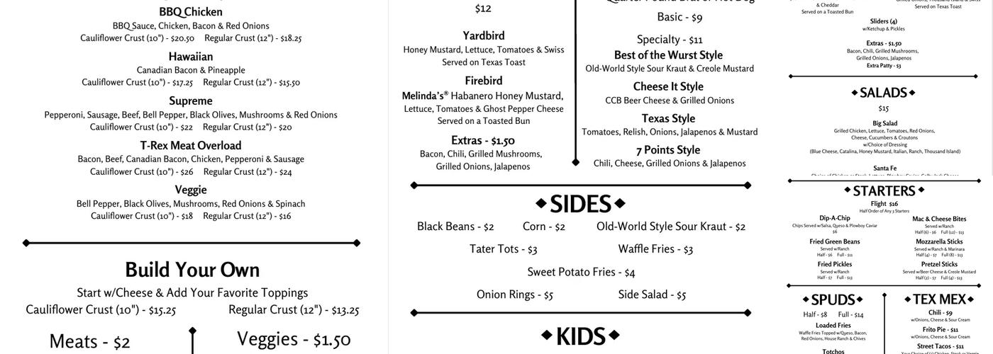 Cedar Creek Brewery Menu