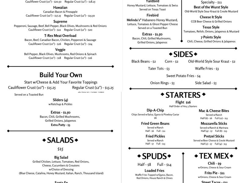 Cedar Creek Brewery Menu