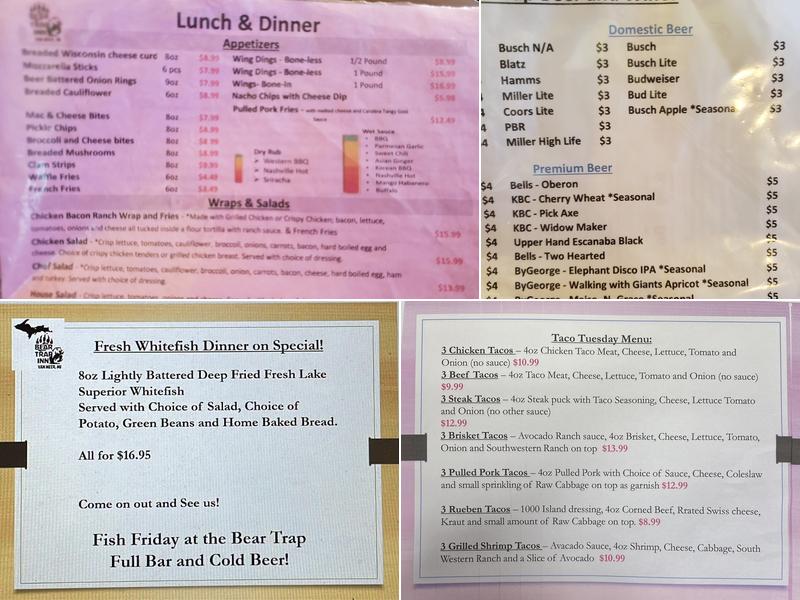 Bear Trap Inn Menu