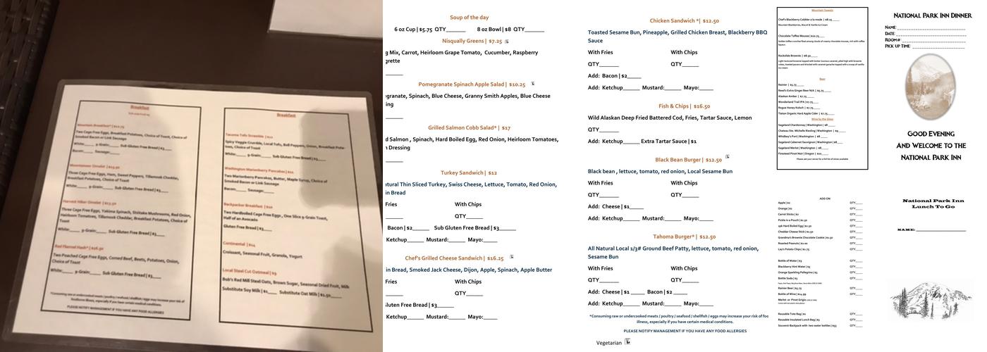 National Park Inn Dining Room Menu