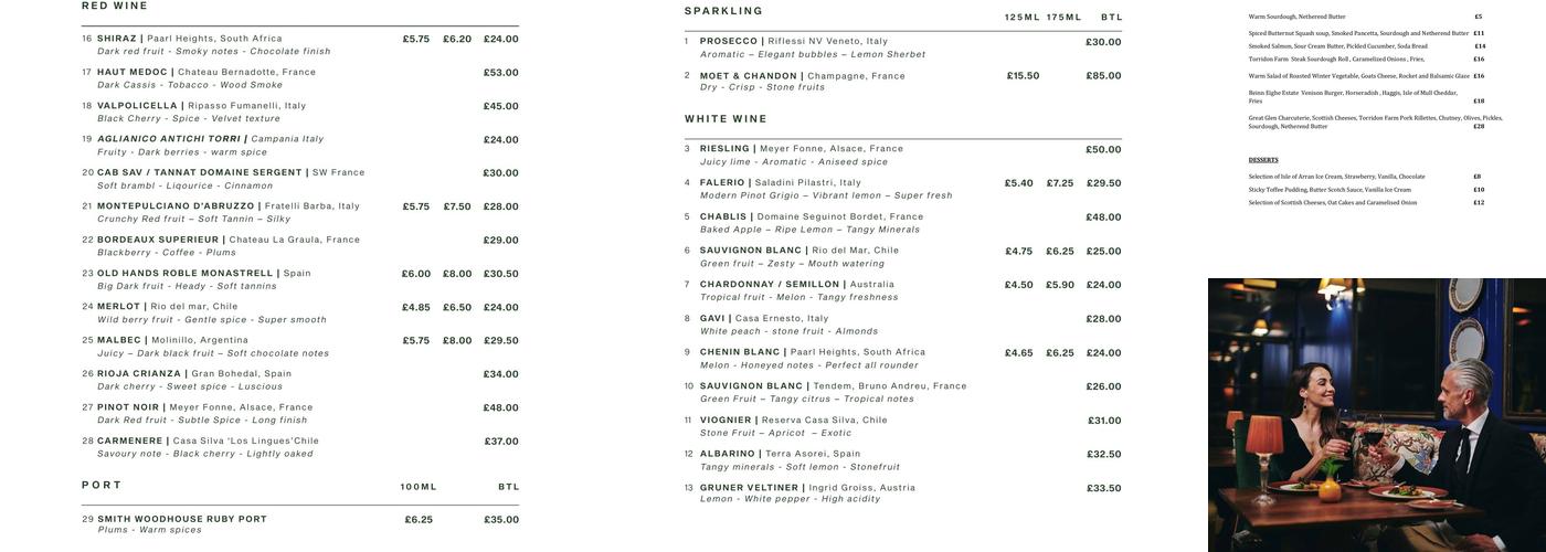 Beinn Bar Menu