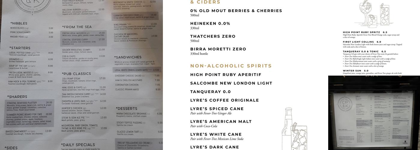 Old Success Inn, Sennen Cove Menu