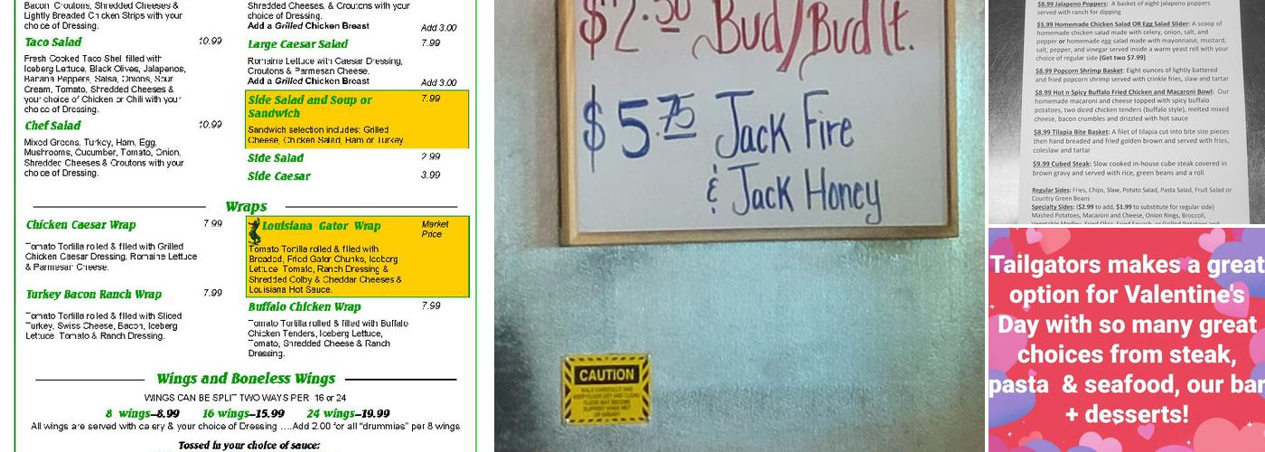Tailgators Sports Grill Menu