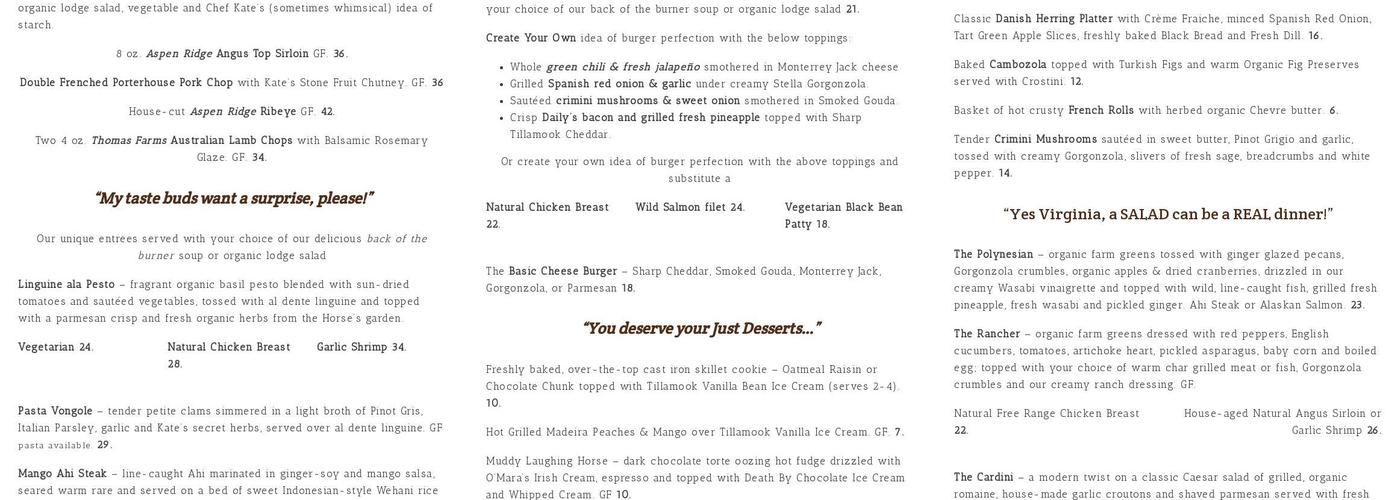 Laughing Horse Lodge Menu