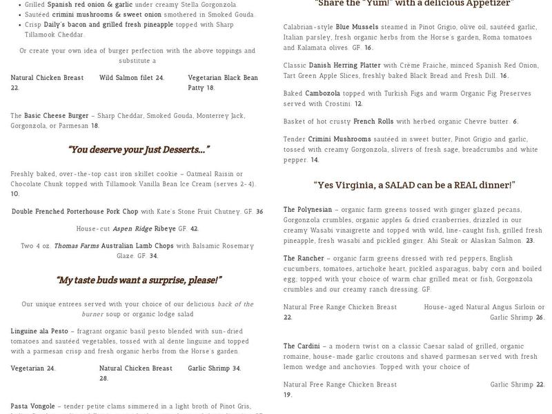 Laughing Horse Lodge Menu