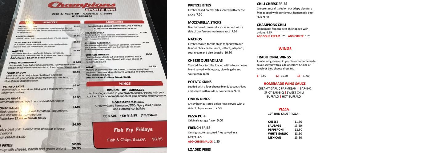 Champions Sports Bar Menu