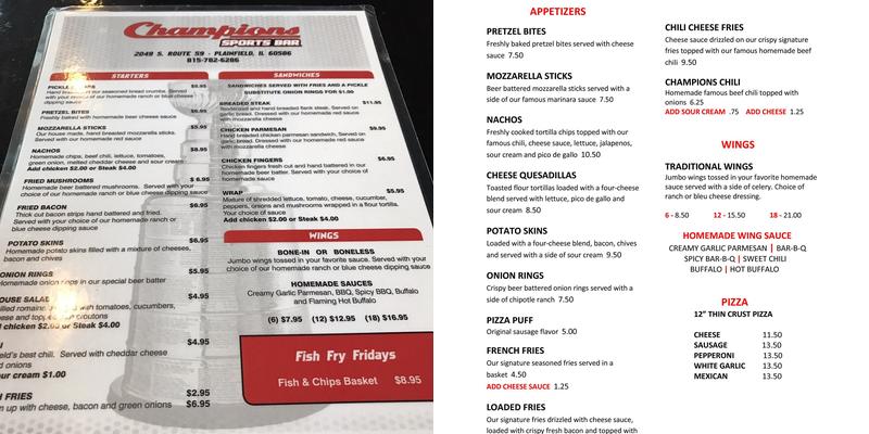 Champions Sports Bar Menu
