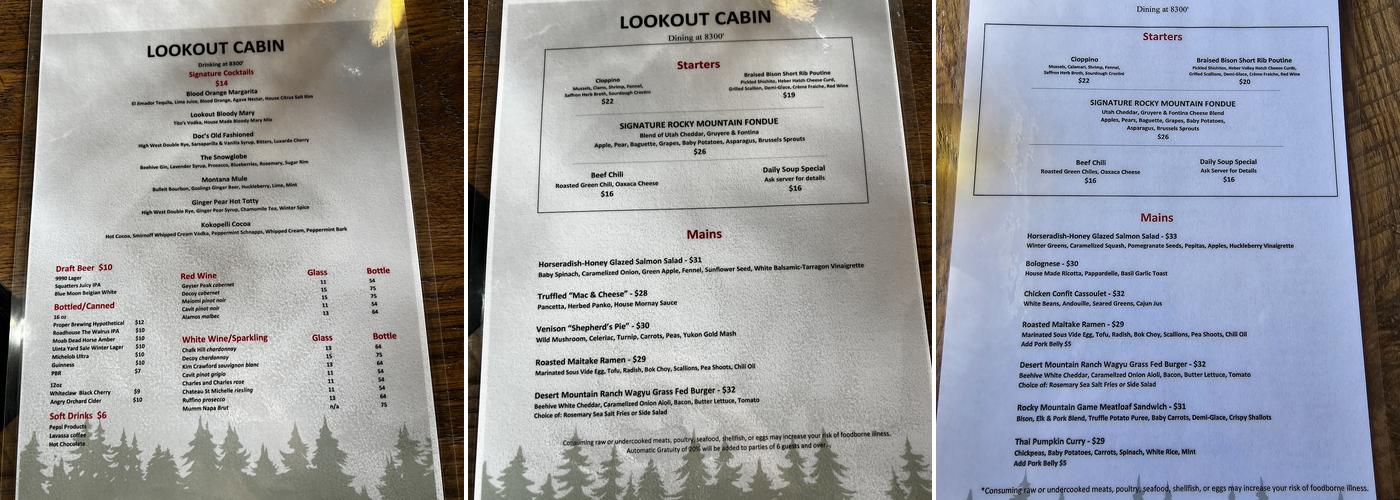 Lookout Cabin Menu