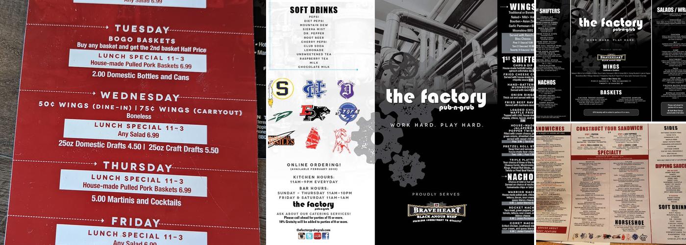 The Factory Pub 'n' Grub Menu