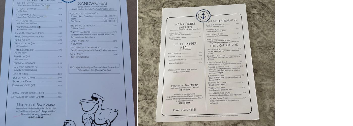 Moonlight Bay Marina & Restaurant Menu