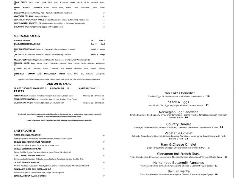 Blue Fin Restaurant And Bar Menu