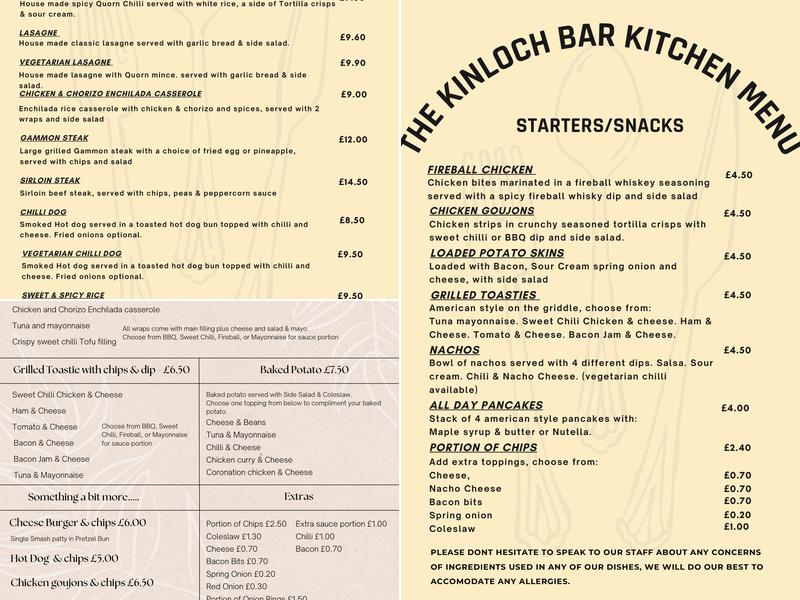 The Kinloch Bar Menu