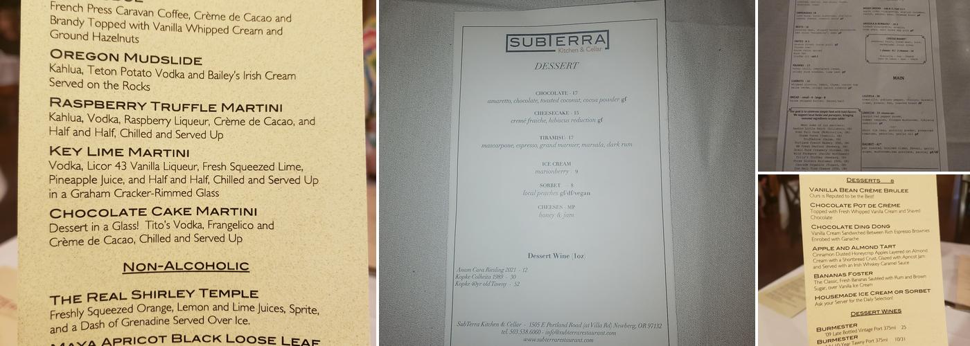 SubTerra Kitchen & Cellar Menu