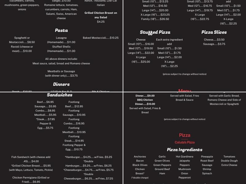 Coluta's Pizza Menu