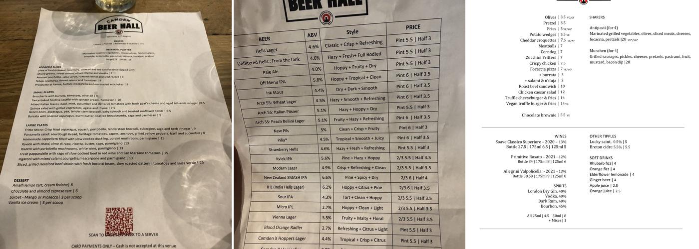 Camden Beer Hall Menu