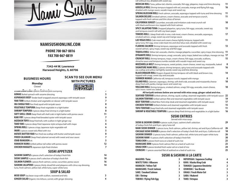 Nami Sushi Menu