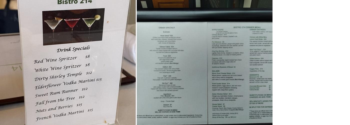 Bistro 214 Menu