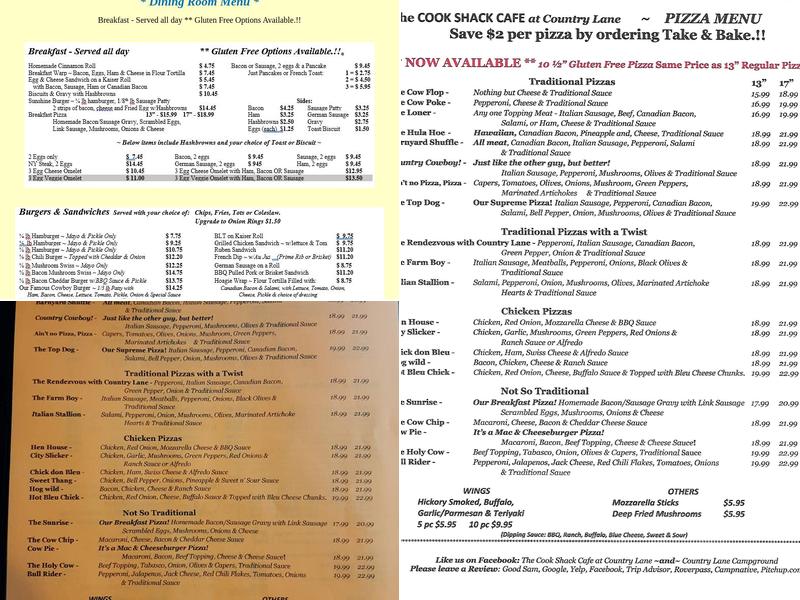 The Cook Shack Cafe at Country Lane Menu