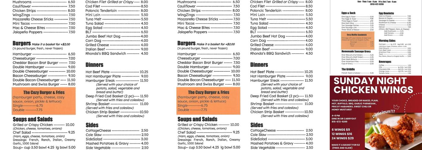 Cozy Corner Restaurant Menu