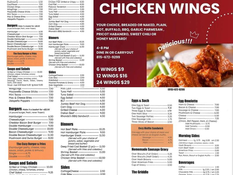 Cozy Corner Restaurant Menu