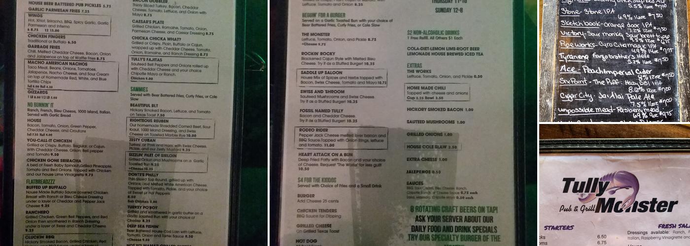 Tully Monster Pub & Grill Menu
