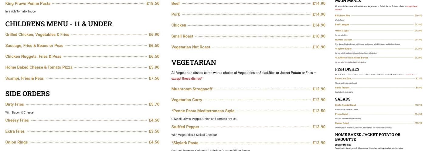 The Skylark Inn Menu