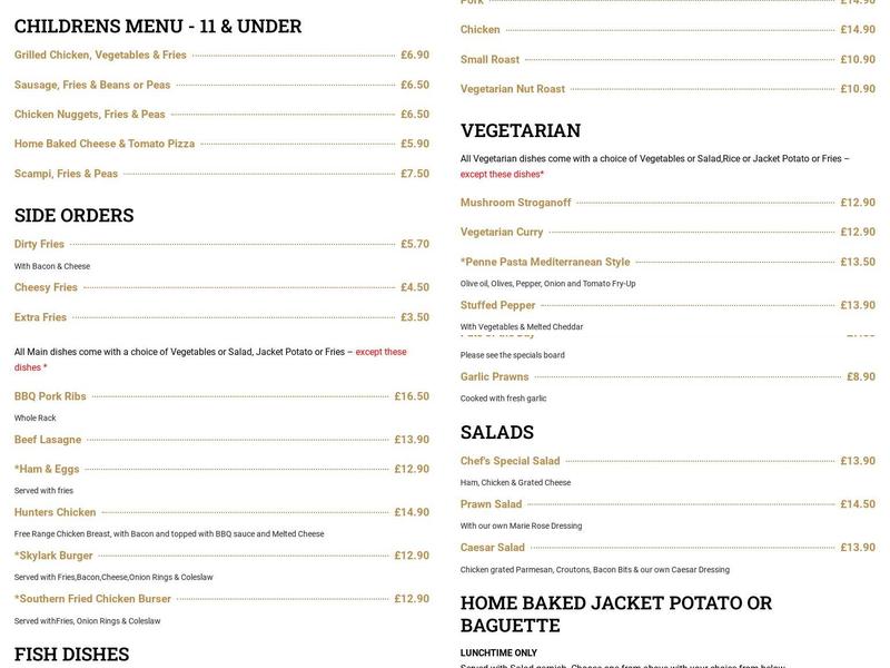 The Skylark Inn Menu